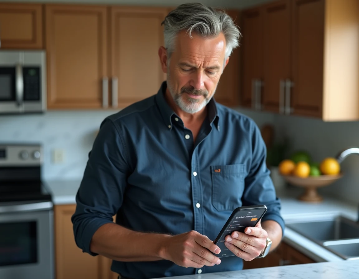 Homme gérant ses commandes Amazon archivées depuis son smartphone dans une cuisine moderne