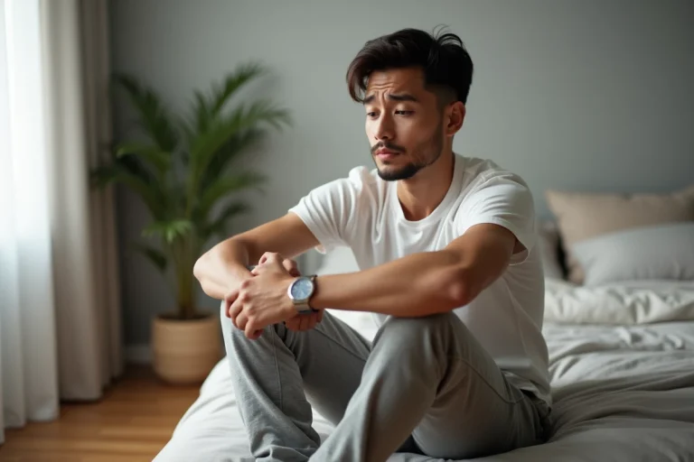 Homme assis sur un lit semblant inconfortable, illustrant une gêne physique liée au syndrome de la couille bleue