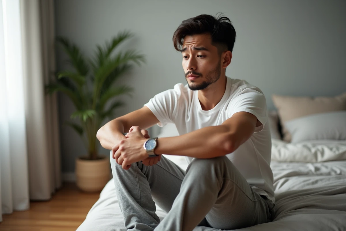 Homme assis sur un lit semblant inconfortable, illustrant une gêne physique liée au syndrome de la couille bleue