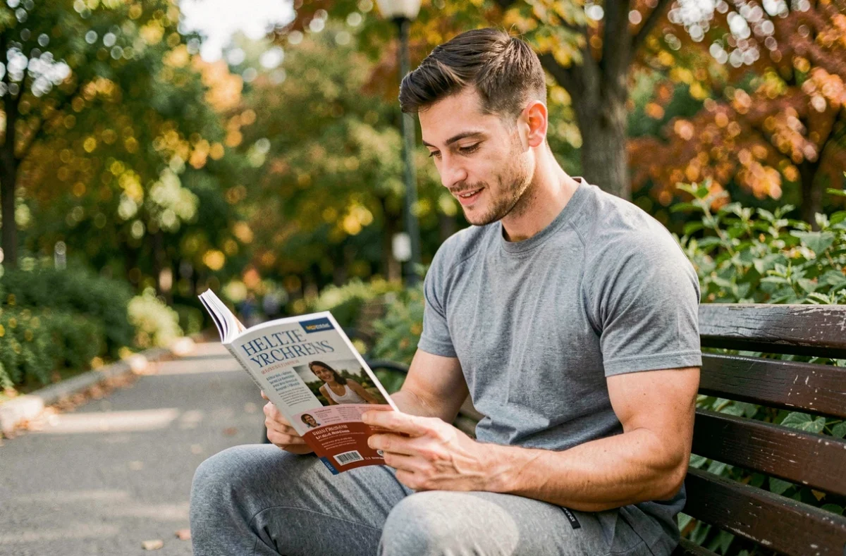 Jeune homme en tenue de sport lisant un magazine de santé assis sur un banc dans un parc urbain en automne