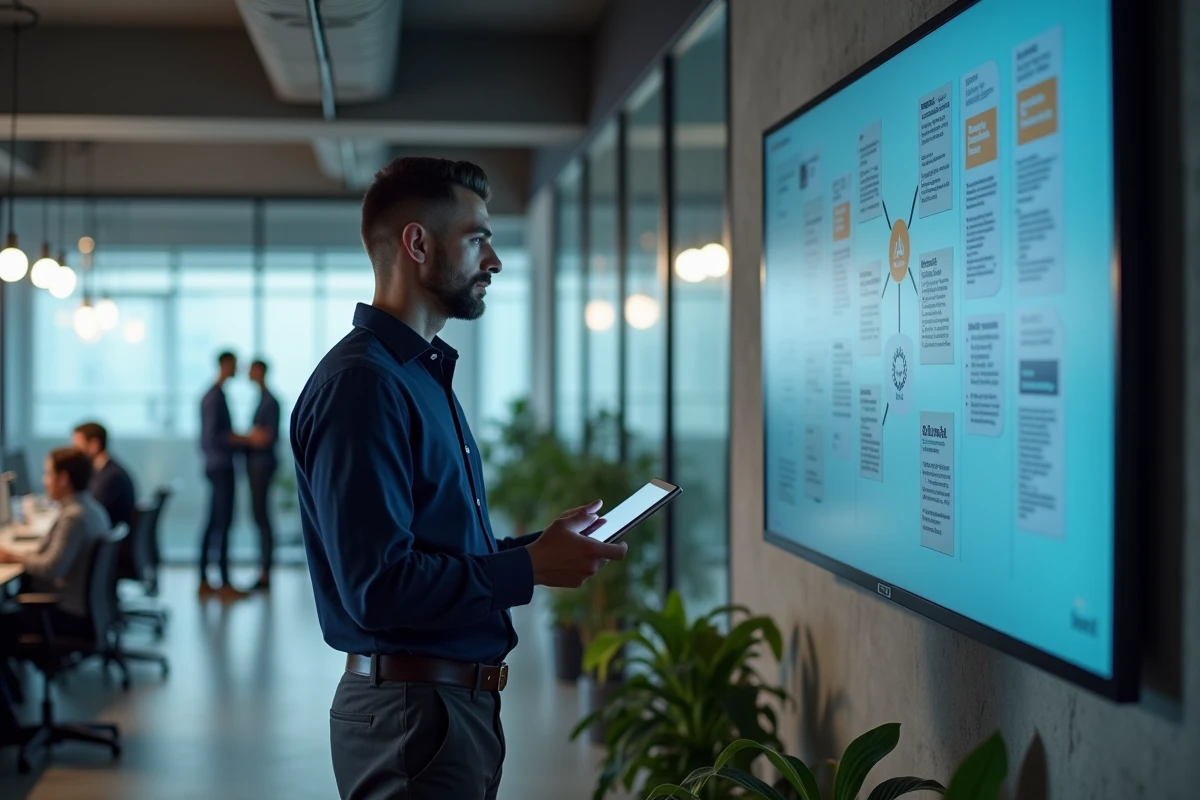 Homme en open space consultant une carte mentale numérique sur grand écran pour organiser et externaliser sa mémoire professionnelle