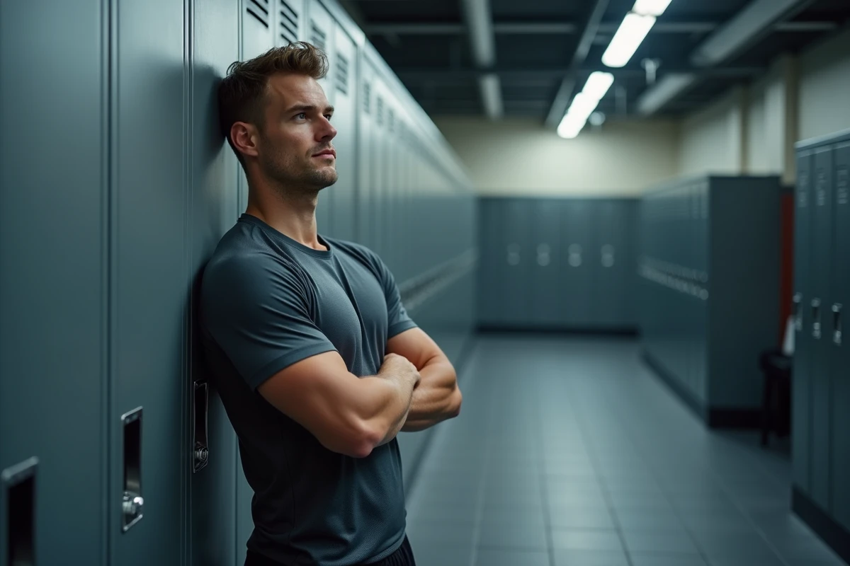 Homme sportif pensif dans un vestiaire, évoquant l'inconfort physique et la gêne liée à une tension pelvienne