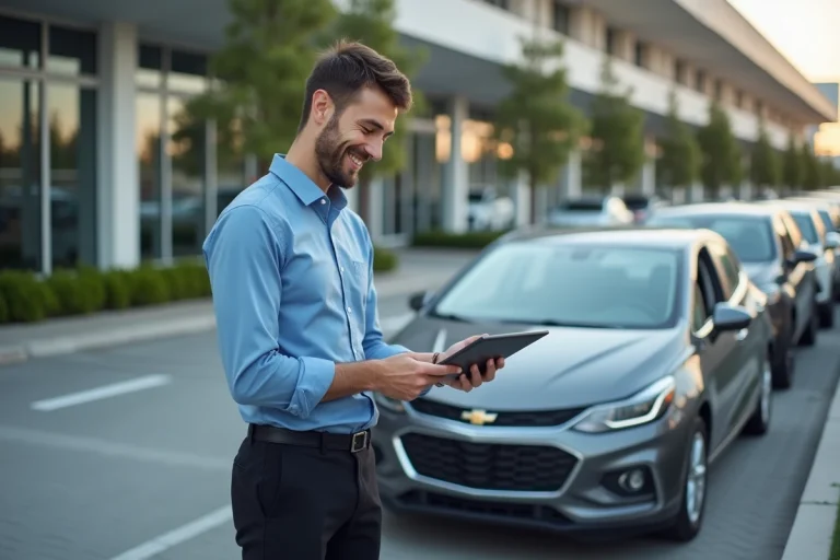 Jeune homme professionnel devant une voiture moderne