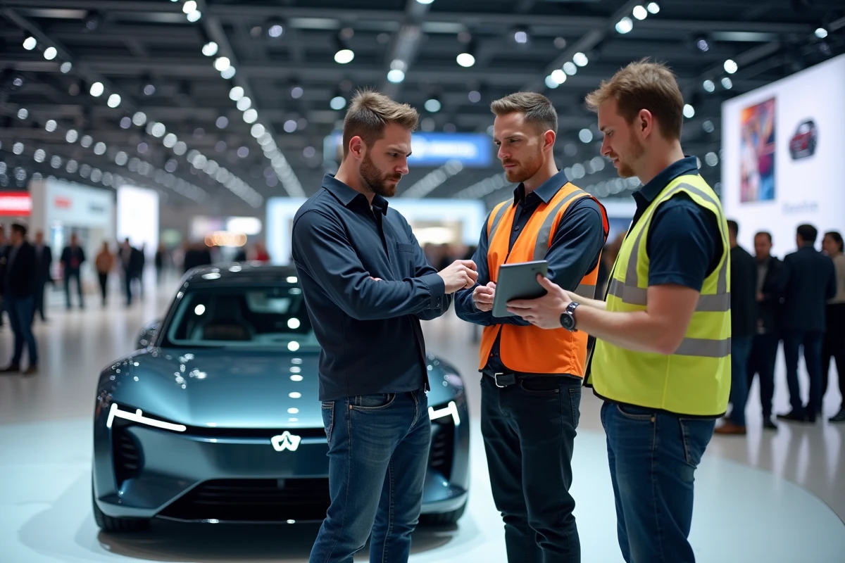 Ingénieurs automobiles discutant autour d