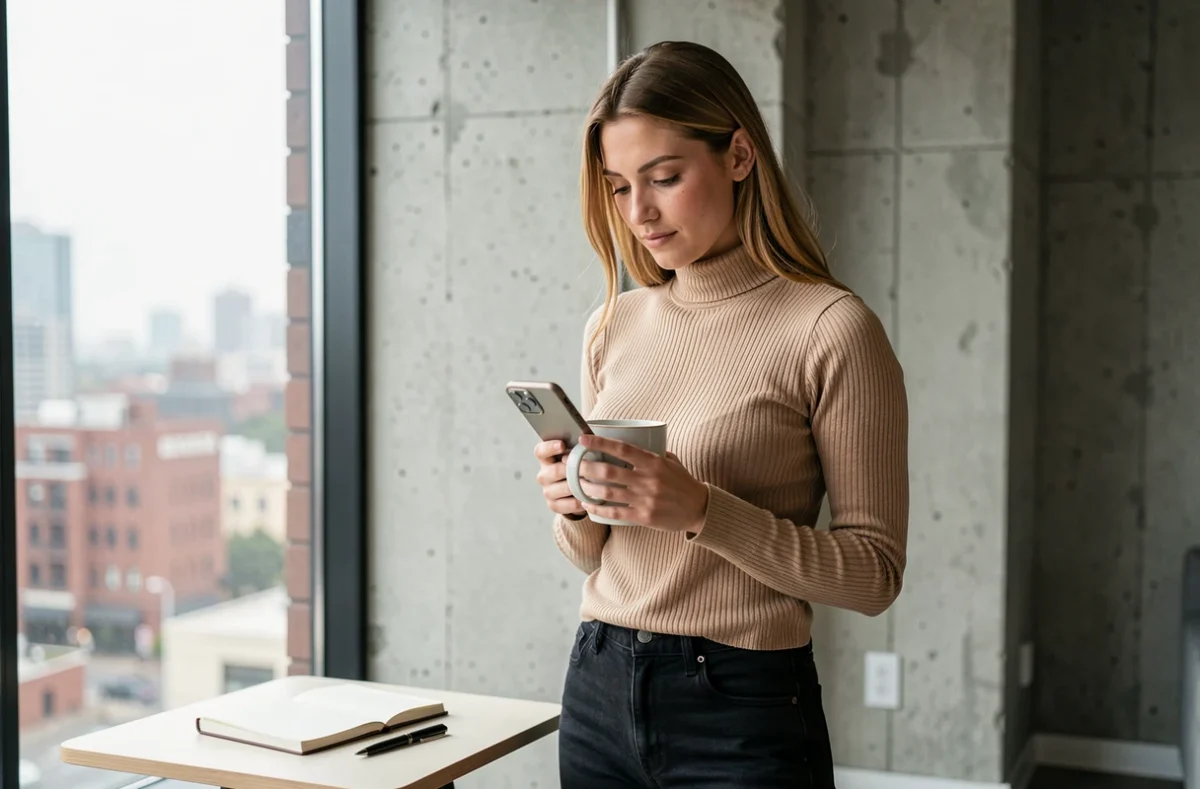 Jeune femme consultant son smartphone pour annuler un rendez-vous Pôle Emploi depuis chez elle