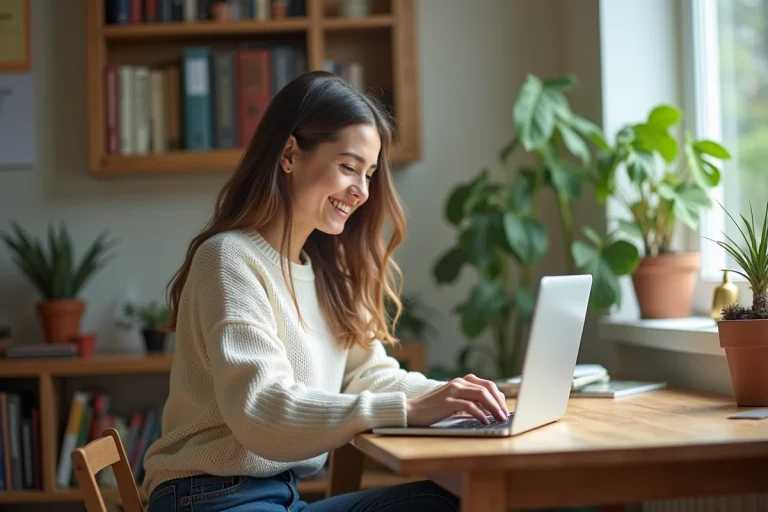 Jeune femme souriante utilisant un ordinateur portable dans un appartement étudiant
