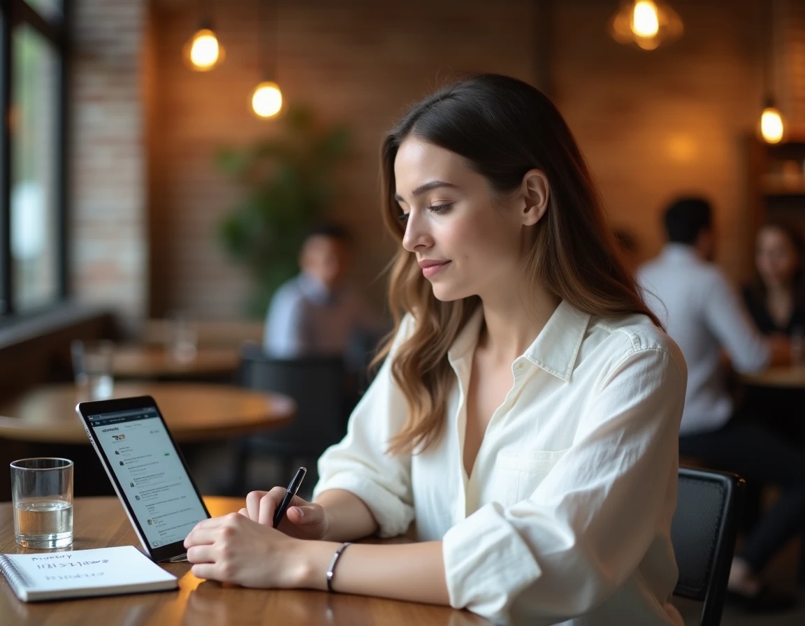 Jeune femme consultant et organisant ses commandes Amazon sur une tablette dans un café