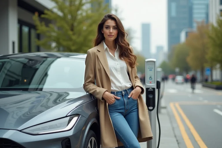 Jeune femme en trench beige près d'une voiture électrique en ville