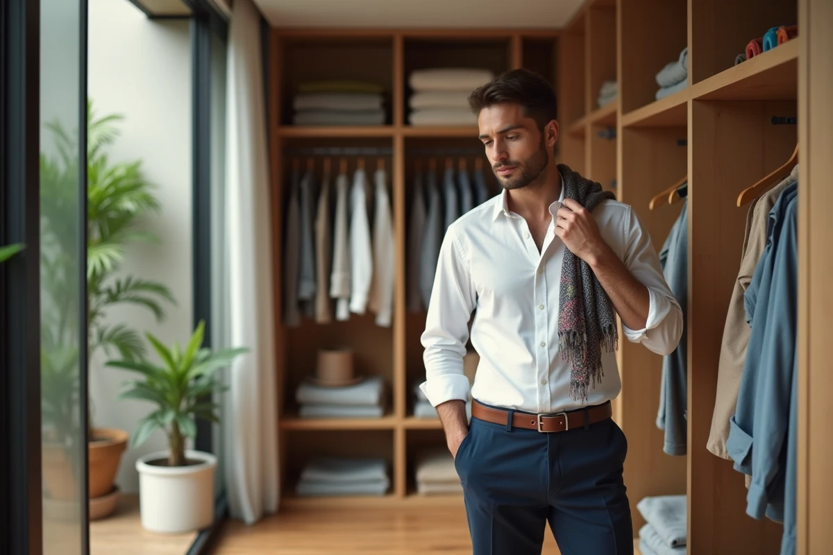Jeune homme choisissant une echarpe dans un appartement lumineux