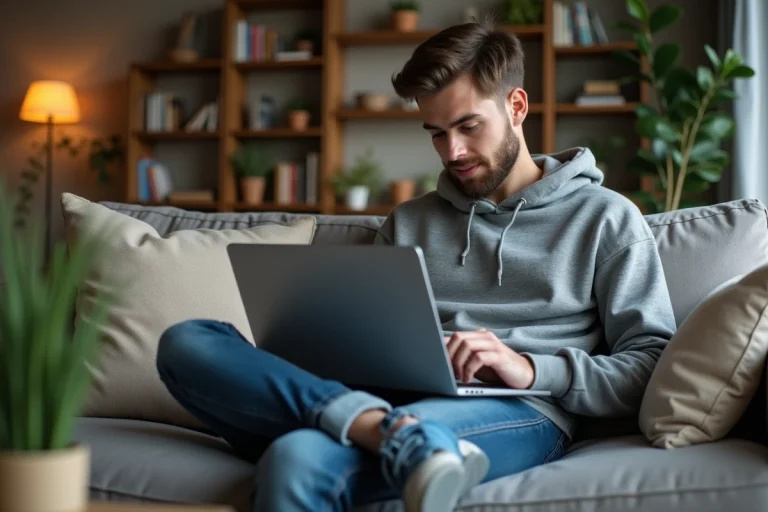 Jeune homme détendu avec ordinateur portable dans un salon cosy