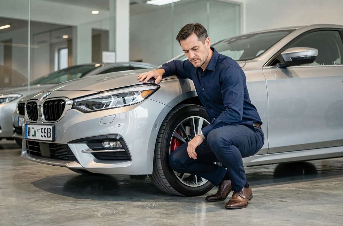 Journaliste automobile inspectant une berline moderne dans une salle d'exposition contemporaine