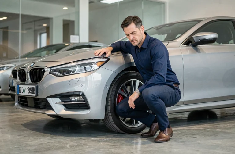 Journaliste automobile inspectant une berline moderne dans une salle d'exposition contemporaine