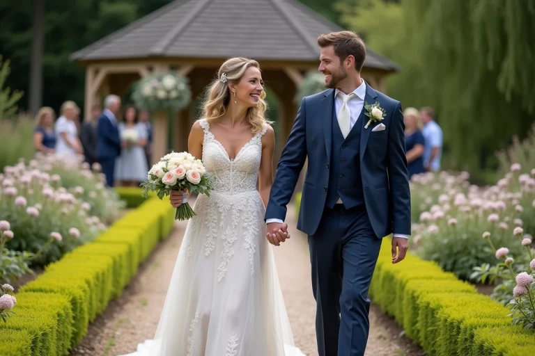Jeune couple marié dans un jardin fleuri lors d'un mariage