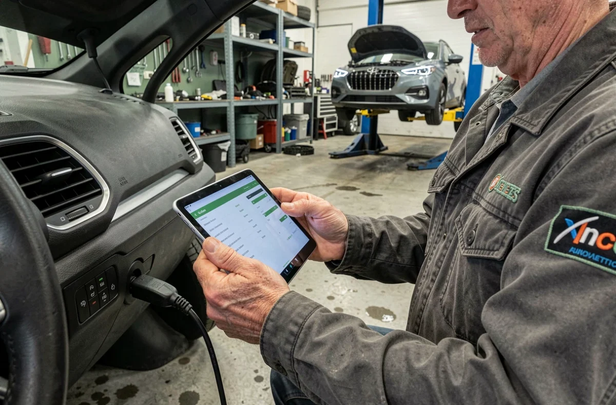 Mécanicien utilisant un outil de diagnostic numérique connecté au port OBD d'une voiture dans un garage professionnel
