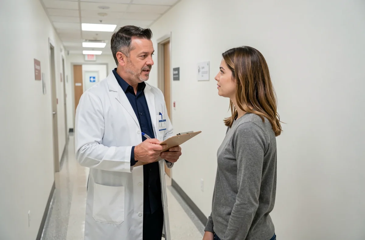 Médecin senior en blouse blanche discutant de conseils de santé avec une patiente dans un couloir de clinique moderne