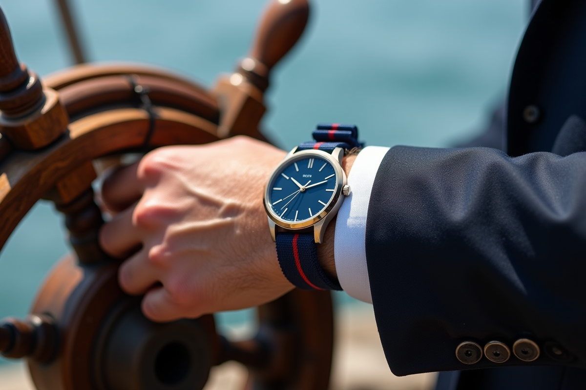 Poignet masculin avec montre nautique et bracelet rayé bleu et blanc