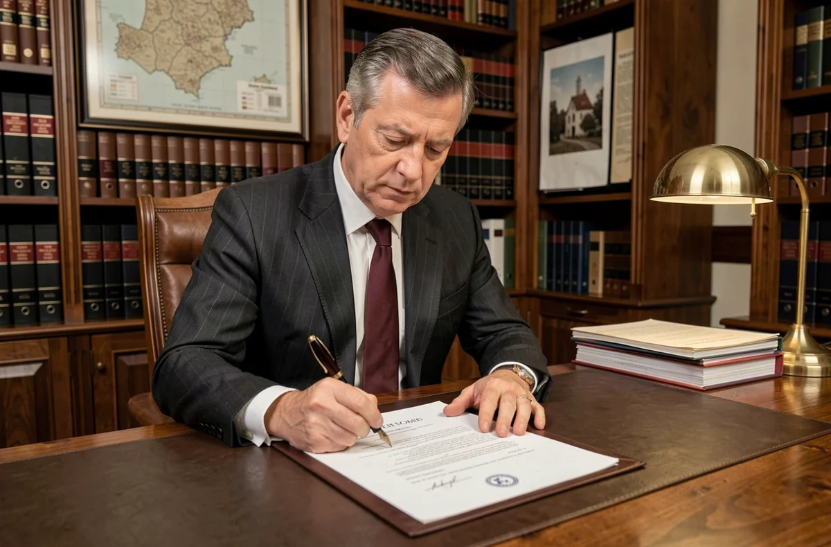 Notaire signant un acte de vente immobilière dans un bureau traditionnel français avec contrat et stylo plume