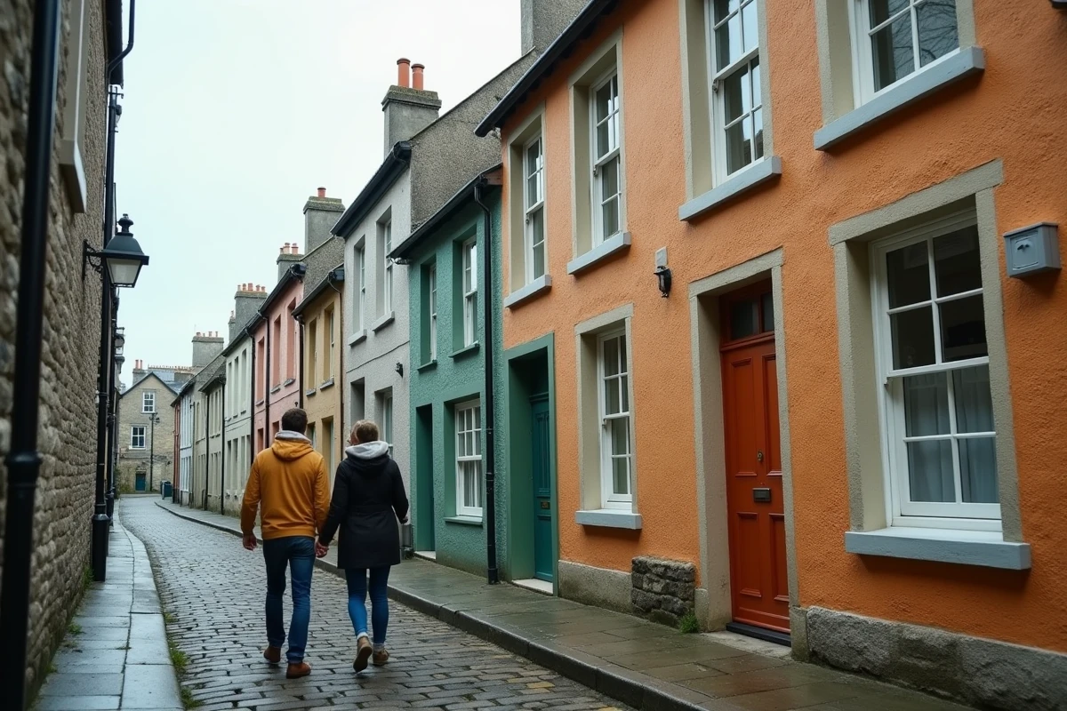 Rangée de maisons bretonnes colorées avec fenêtres peintes en diverses teintes traditionnelles dans un village côtier