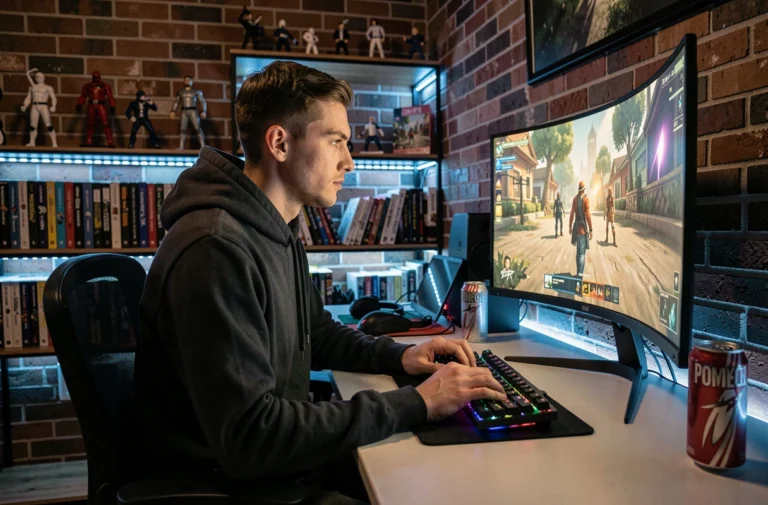 Jeune homme passionné de jeux vidéo concentré devant son setup gaming avec écran incurvé et périphériques RGB