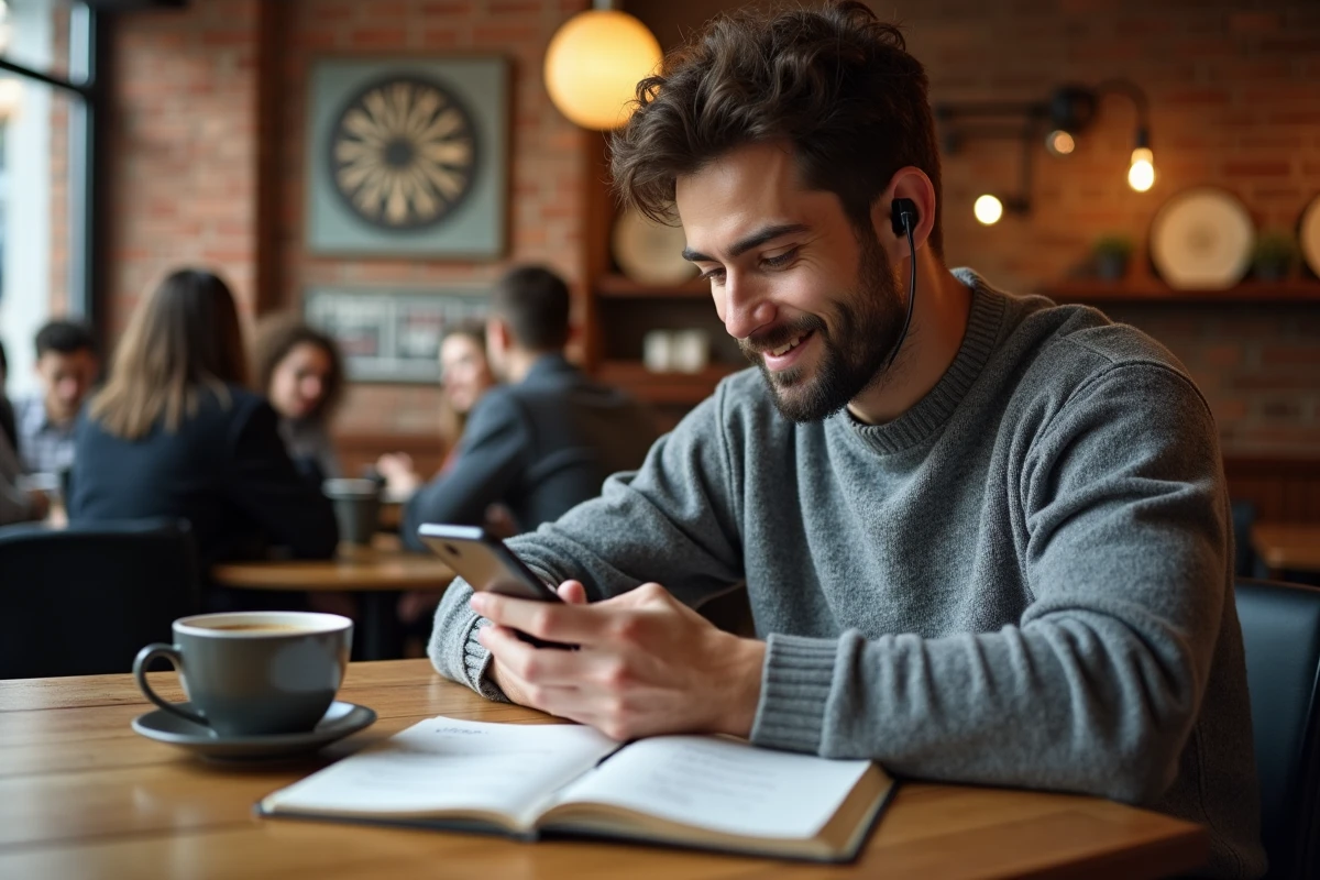 Personne en café utilisant smartphone et carnet pour externaliser sa mémoire numérique et améliorer son organisation personnelle