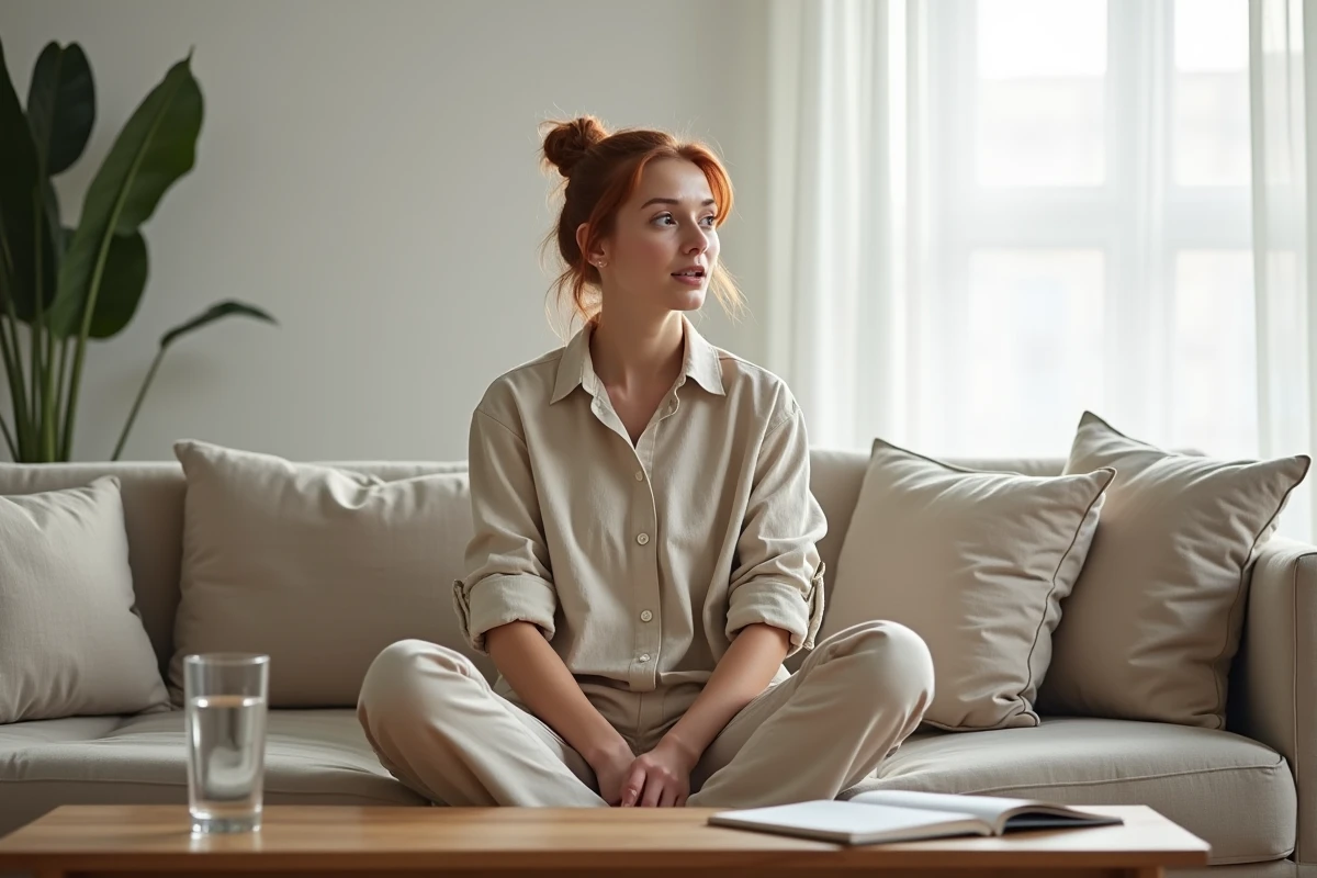 Femme assise sur un canapé en lin parlant de sa vie amoureuse dans un appartement moderne, style portrait éditorial intimiste