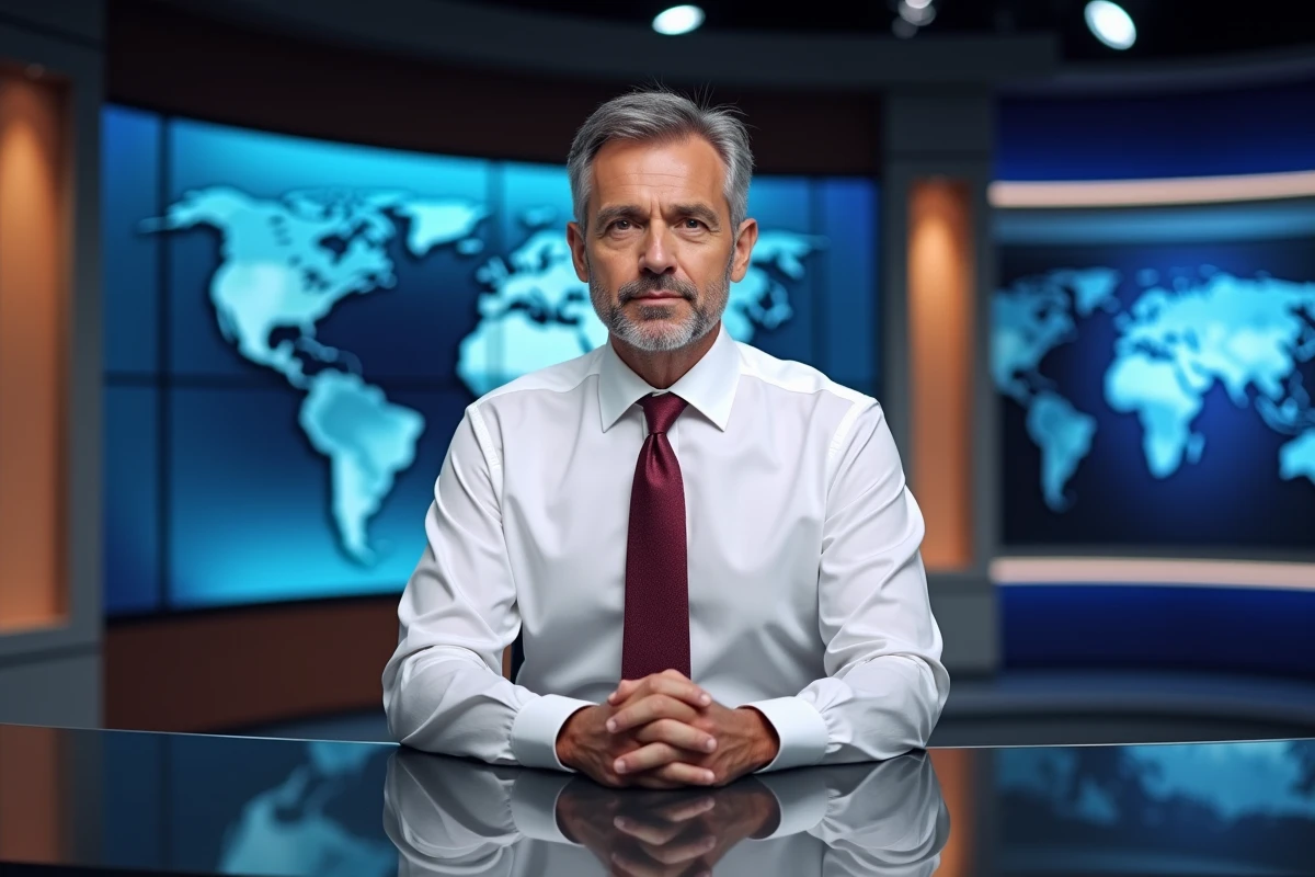 Présentateur de journal télévisé en studio face à un écran d'informations mondiales