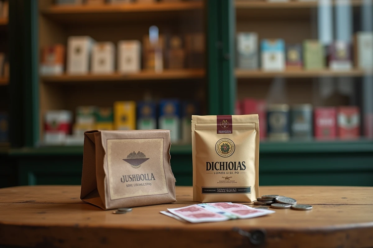 Pochettes de tabac à rouler et prix en euros sur une table en bois en Italie