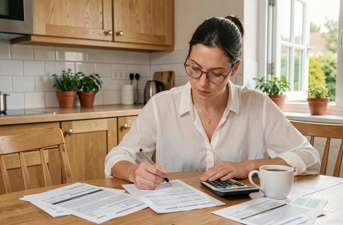 Femme propriétaire étudiant des formulaires fiscaux et un bail locatif pour optimiser sa défiscalisation immobilière depuis chez elle