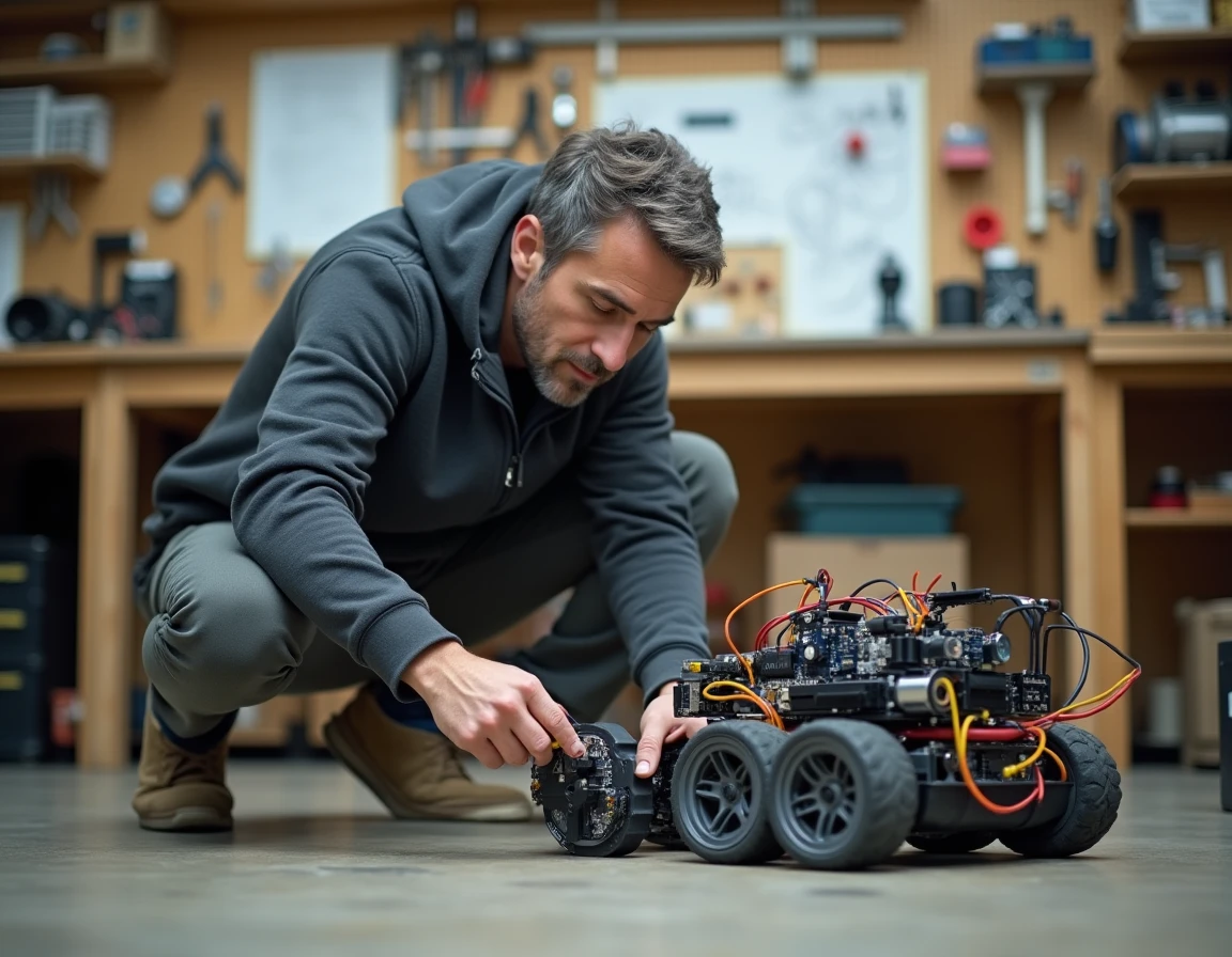 Ingénieur réparant un prototype robotique dans un atelier de fabrication high-tech