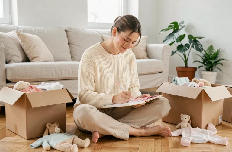 Jeune femme enceinte assise sur le sol qui rédige sa liste de naissance dans un carnet entourée d'articles pour bébé