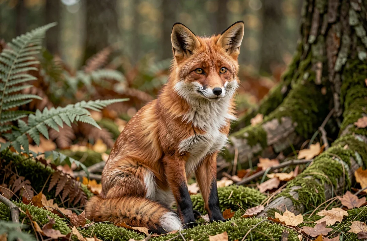 Renard roux assis en forêt européenne en automne, portrait animalier naturaliste avec fougères et feuilles mortes