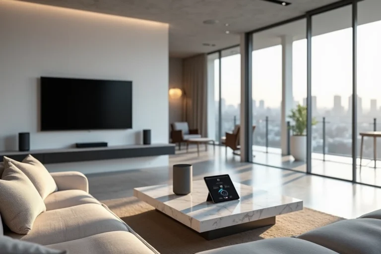 Salon moderne connecté avec écran intelligent, enceinte vocale et tableau de bord domotique sur tablette dans un intérieur épuré