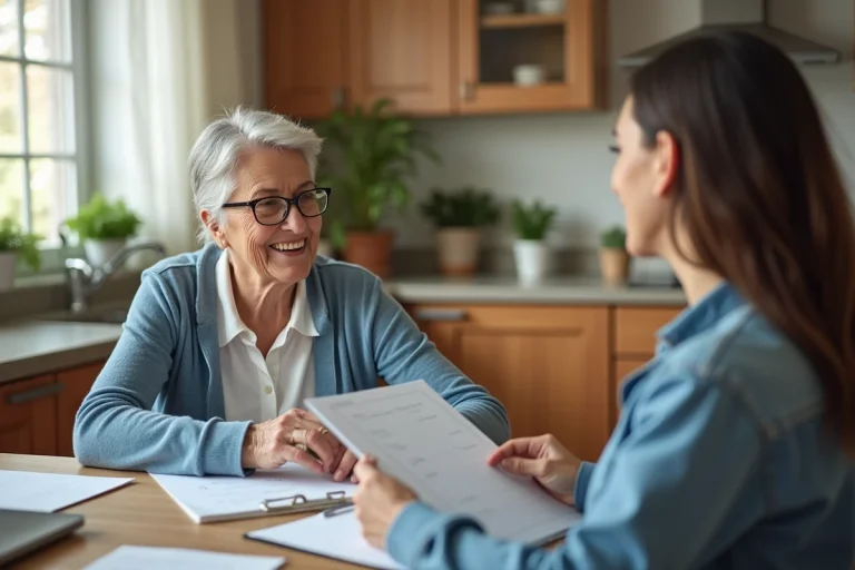 Une senior en cardigan bleu échange avec une assistante sociale à la table de cuisine, découvrant les services dédiés aux personnes âgées