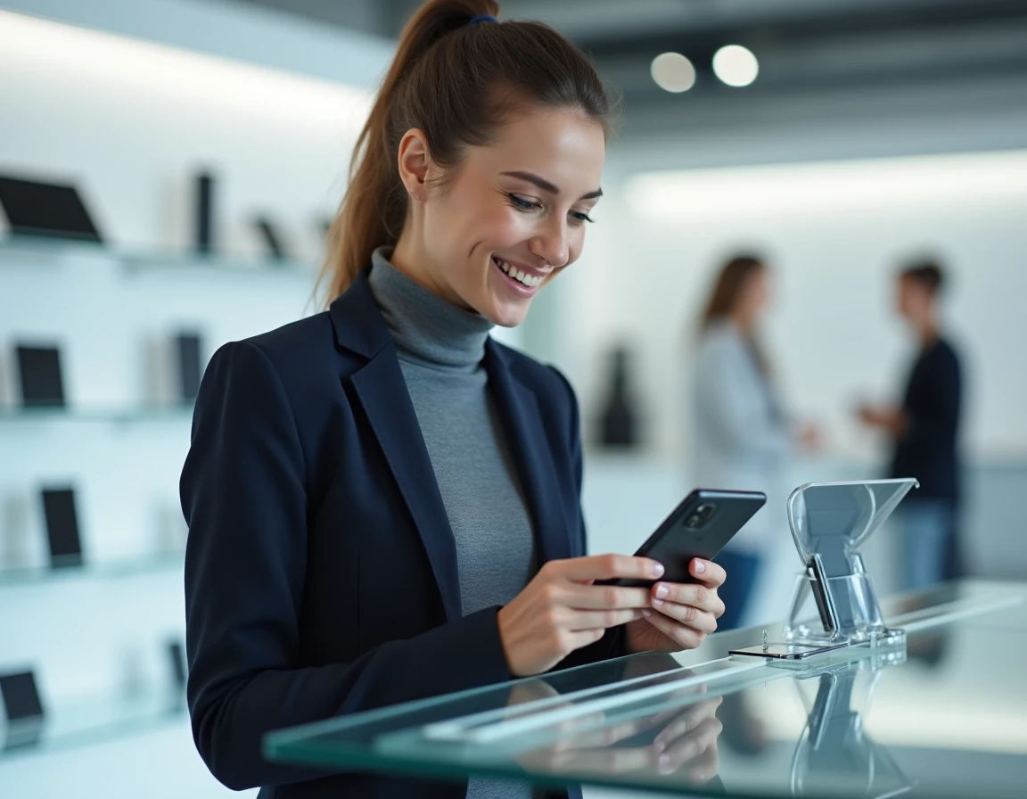Femme explorant un smartphone pliable dans un showroom high-tech contemporain