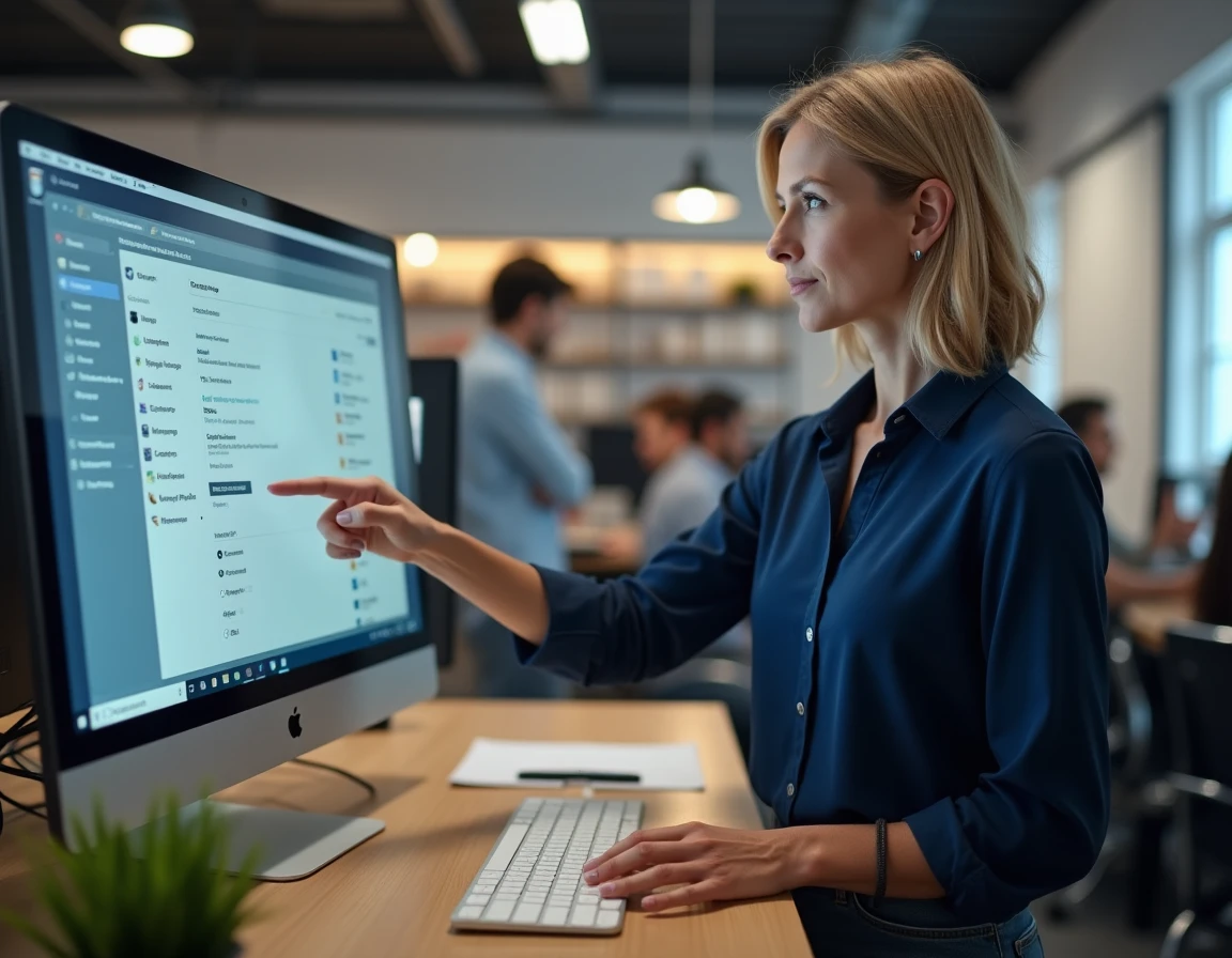 Femme consultant les paramètres Windows pour supprimer un antivirus dans un bureau professionnel