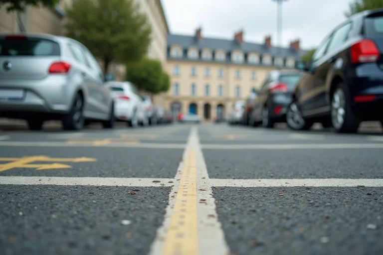 Vue grand angle d'un parking extérieur urbain en France avec des marquages au sol blancs délimitant des places aux dimensions réglementaires