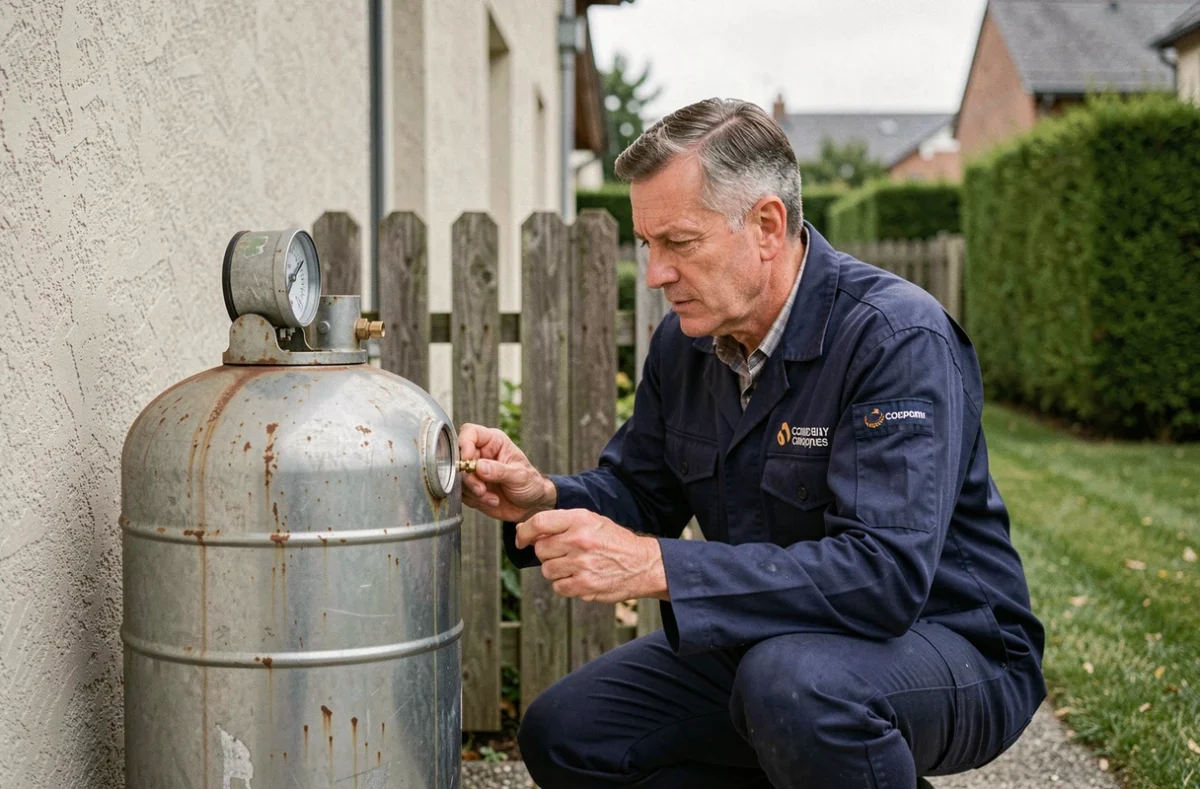 Technicien en uniforme inspectant une cuve à fioul domestique dans un jardin de maison individuelle en France
