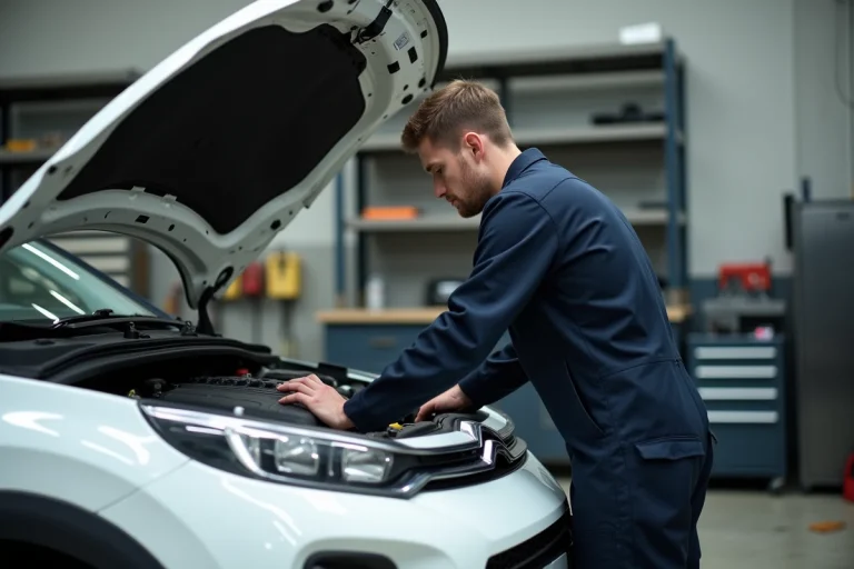 Technicien automobile inspectant le moteur d'une Citroën C3 blanche dans un atelier de mécanique professionnel