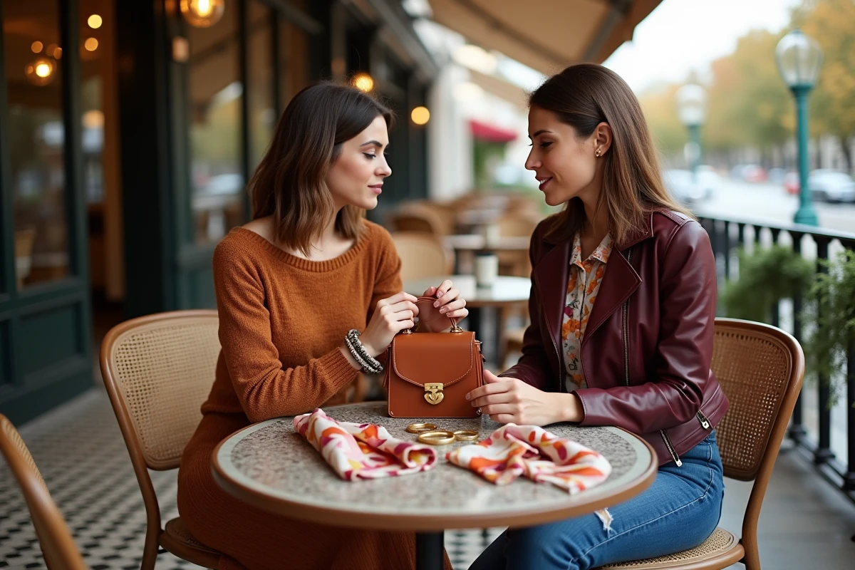 Deux femmes comparant des accessoires de mode tendance en terrasse de café parisien