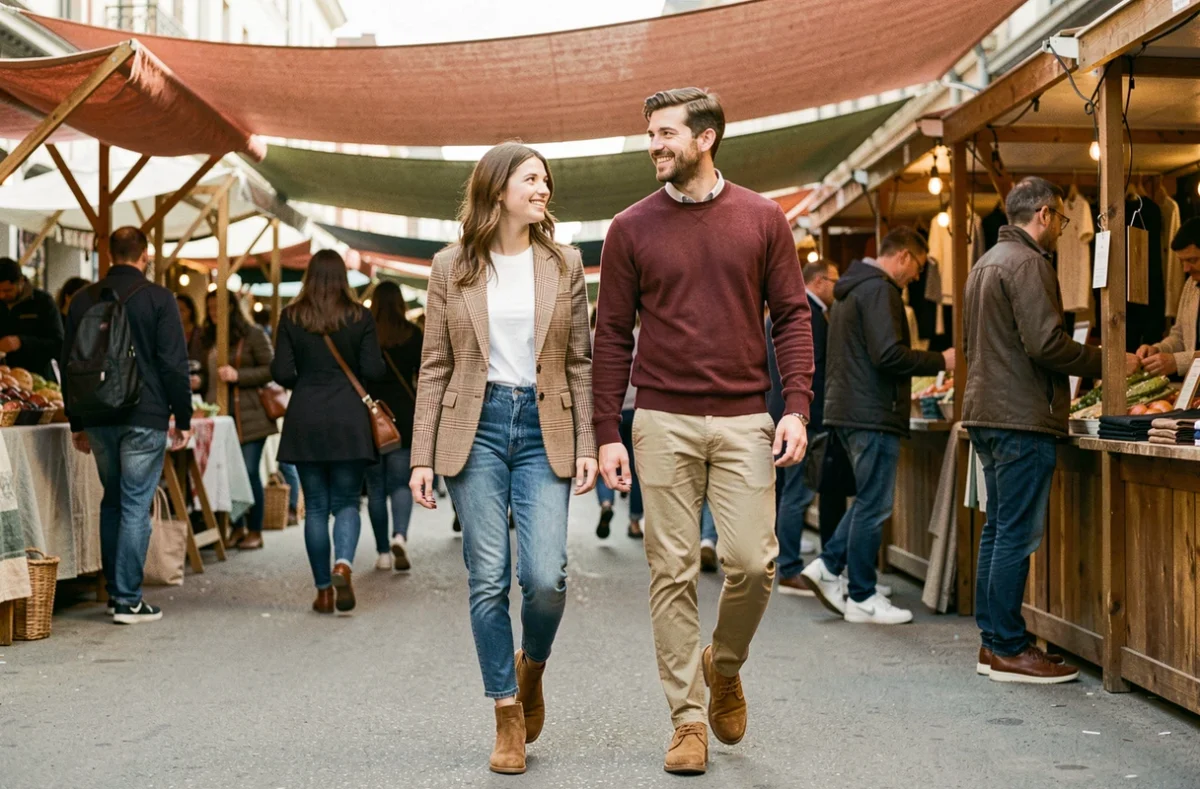 Deux amis stylés se promenant dans un marché en plein air, portant des tenues layering tendance avec blazer à carreaux et pull bordeaux, ambiance mode automnale
