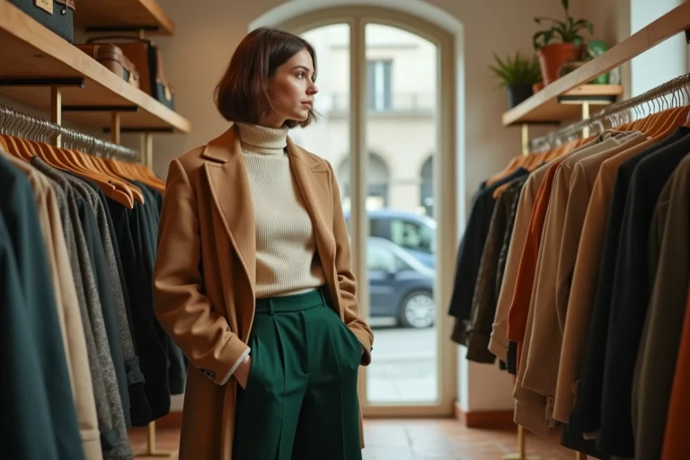 Femme tendance en manteau camel et pantalon large vert dans une boutique de mode parisienne