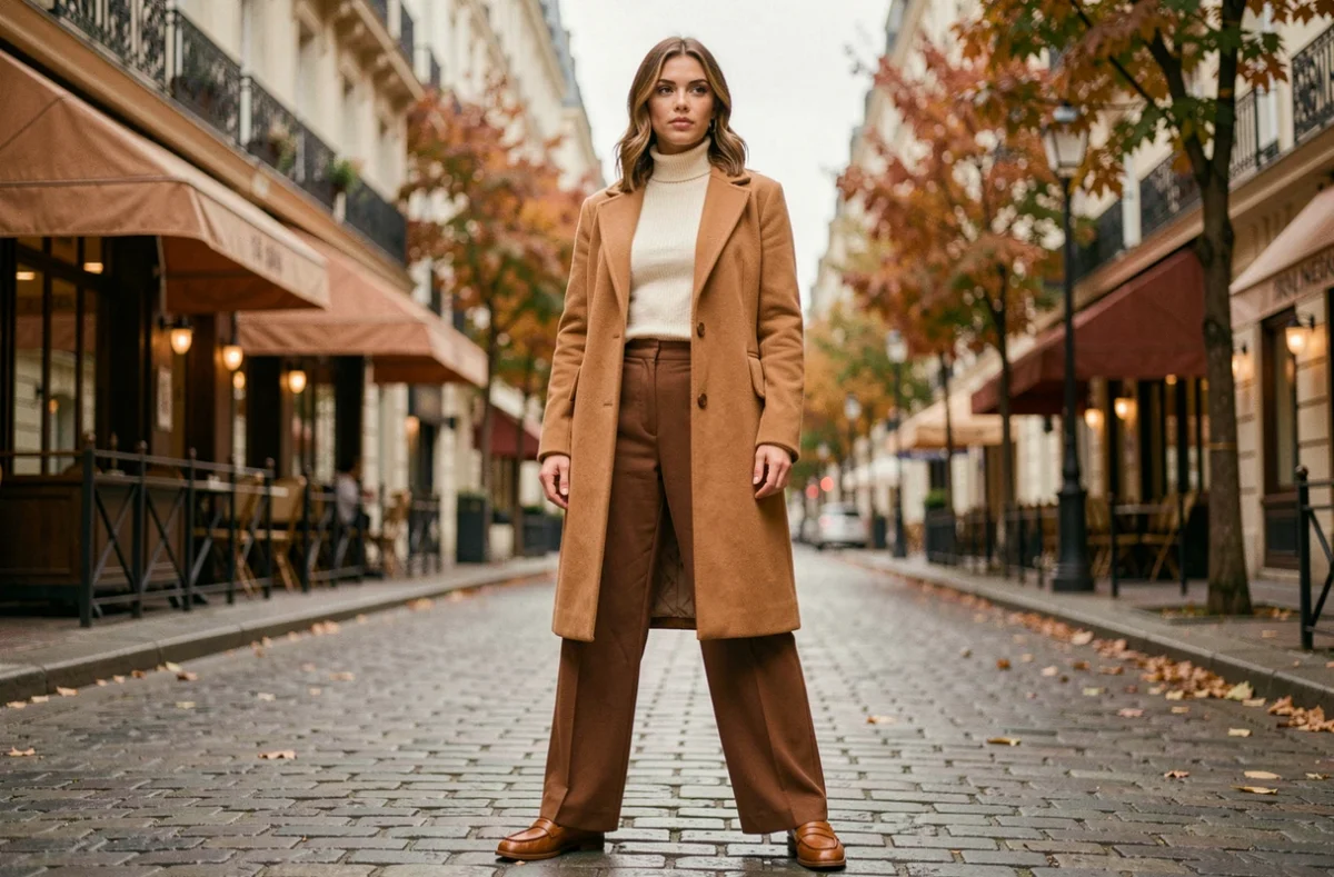 Femme élégante portant un manteau en laine camel et un pantalon large marron dans une rue pavée parisienne en automne, illustrant les tendances mode de la saison