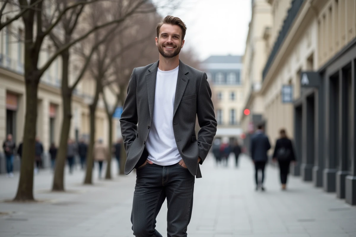 Homme stylé en blazer structuré et jean slim dans une rue haussmannienne contemporaine