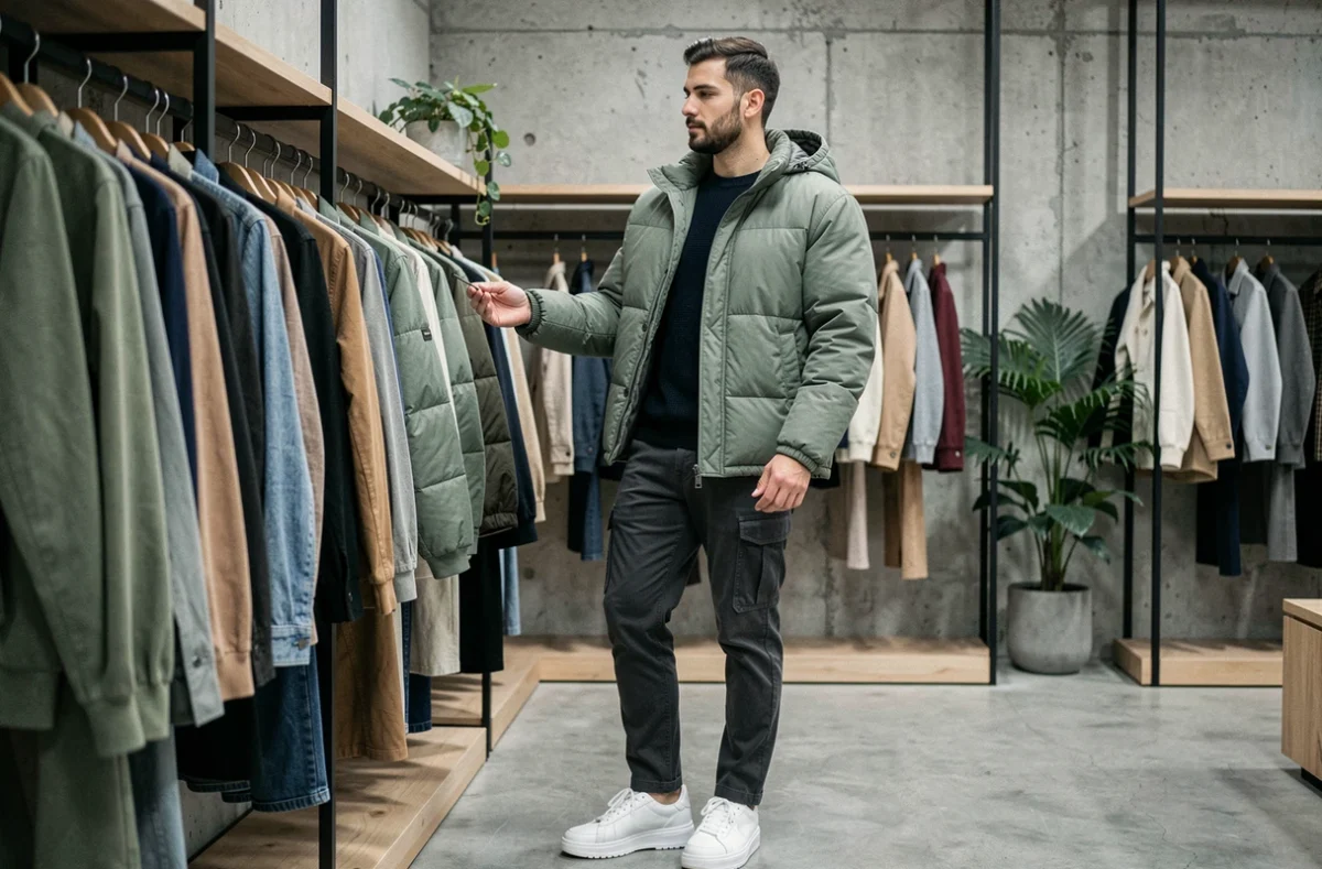 Homme tendance en veste puffer vert sauge et cargo slim gris explorant un concept store de mode urbaine aux murs en béton brut