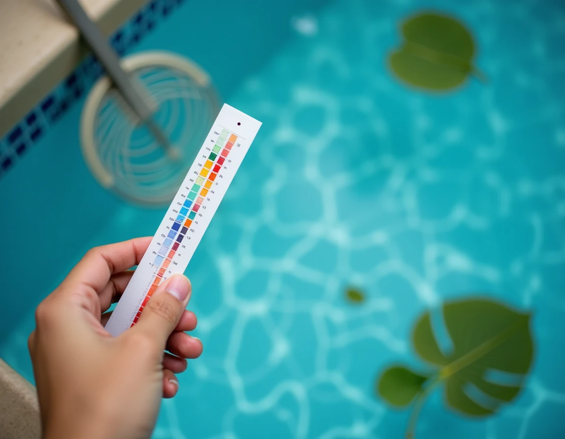 Gros plan d'une bandelette de test de qualité de l'eau comparée à un tableau de référence pour contrôler une piscine sans filtration