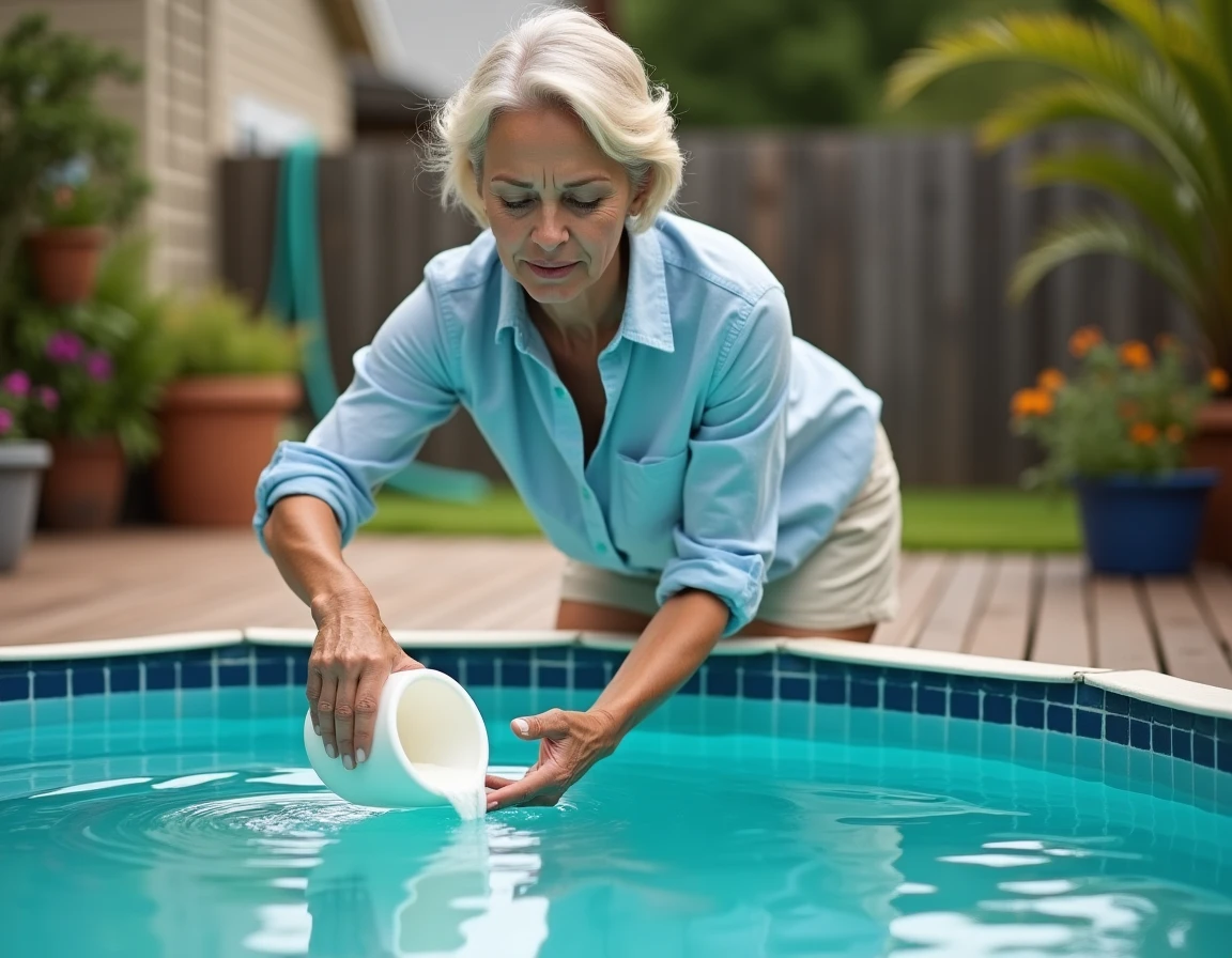 Femme ajoutant un traitement chimique dans une piscine hors-sol pour maintenir une eau propre sans filtration