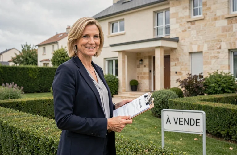Agent immobilière devant une maison à vendre avec pancarte, tenant des documents de vente en 2026