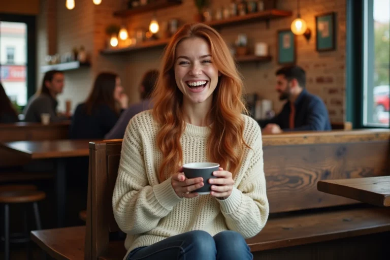 Jeune femme aux cheveux auburn souriant dans un café cosy, illustrant la vie amoureuse et les confidences de couple