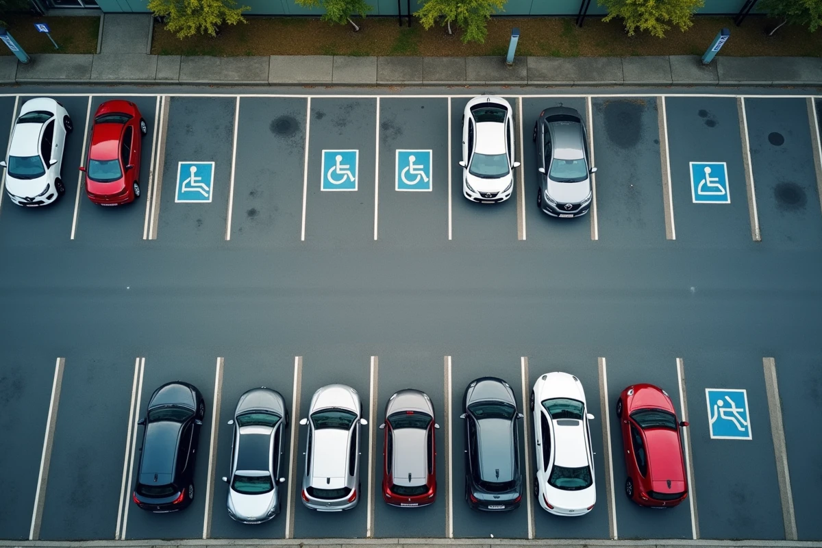 Vue aérienne d'un parking de supermarché français montrant des places réglementaires peintes au sol avec emplacements PMR